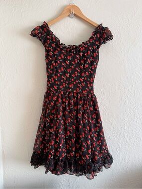 Vintage Tripp NYC Black Chiffon Cherry Print Ruffle Dress Size XS